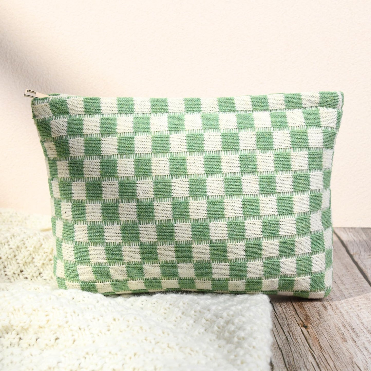 SOIDRAM 2 Pcs Checkered Makeup Bag Large Cosmetic Bag Toiletry Bag Makeup Pouch Travel Bag Organizer Cute Makeup Brushes Aesthetic Accessories Storage Bag for Women Green