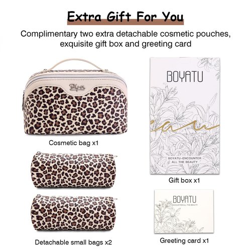 BOYATU Travel Makeup Bags for Women: 3 Pcs Set Large Capacity Leopard Print Leather Cosmetic Bag with Compartments - Open Flat Waterproof Toiletry Skincare Bag Portable Make up Case (02-Beige)