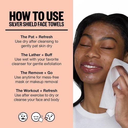 Peace Out Silver Shield Face Towels - Biodegradable, Super Absorbent, Dual-Sided, 30 Count for Sensitive Skin