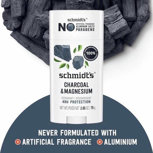 Schmidt's Charcoal & Magnesium Vegan Deodorant - Aluminum-Free, 48-Hour Odor Protection | 2.65 oz, Pack of 2