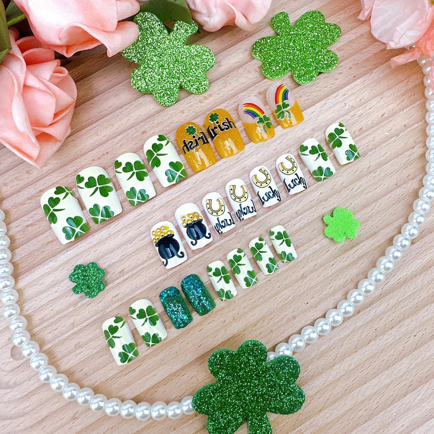 24Pcs St Patrick's Day Press on Nails Short Square Gold French Tip Fake Nails with Gold Rhinestones Horseshoe Rainbow Shamrocks False Nails St Patricks Day Acrylic Nails Irish Stick on Nails for Women