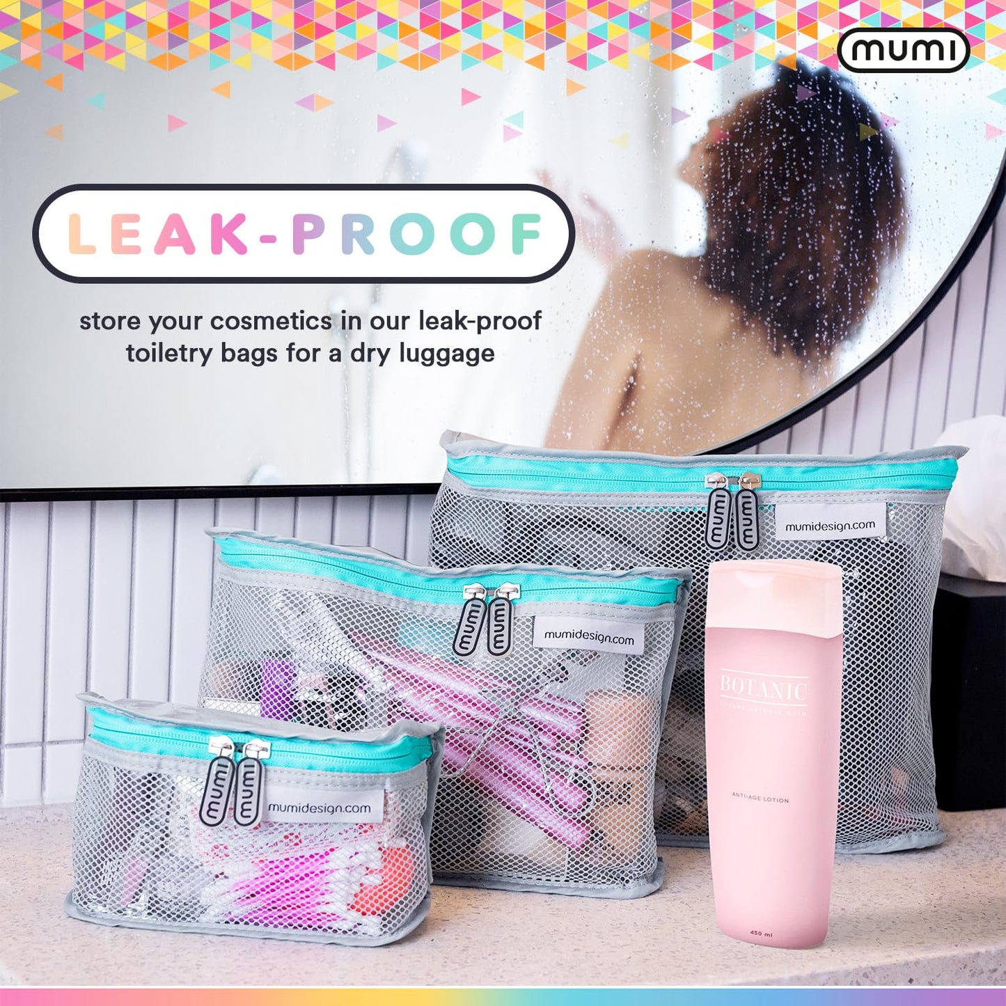 MUMI Travel Toiletry Bag Set of 3 – Water-Resistant Toiletry Bags for Women & Men – Clear Bags for Toiletries, Skincare, Makeup & Travel Essentials – Lightweight, Durable & Portable Organizer - Aqua