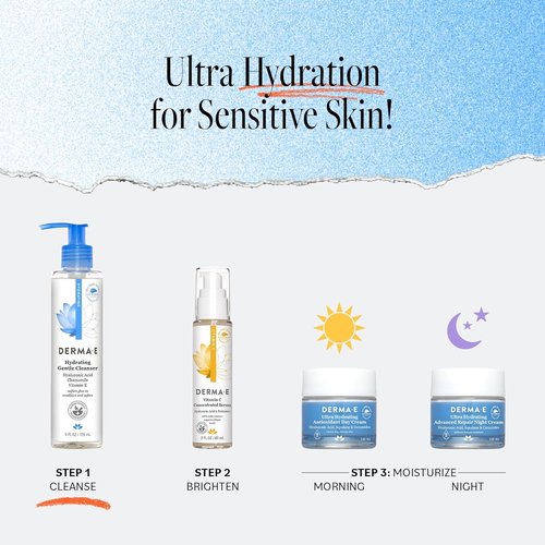Derma E Hydrating Gentle Cleanser - Moisturizing Facial Wash with Hyaluronic Acid | 6 fl oz
