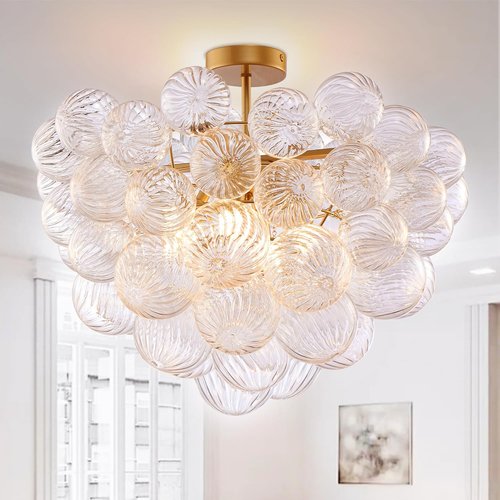 Longree Nordic Bubble Ball Ceiling Light Fixture - 24-Inch Gilded Brass & Clear Glass Chandelier for Bedroom, Study, Bathroom