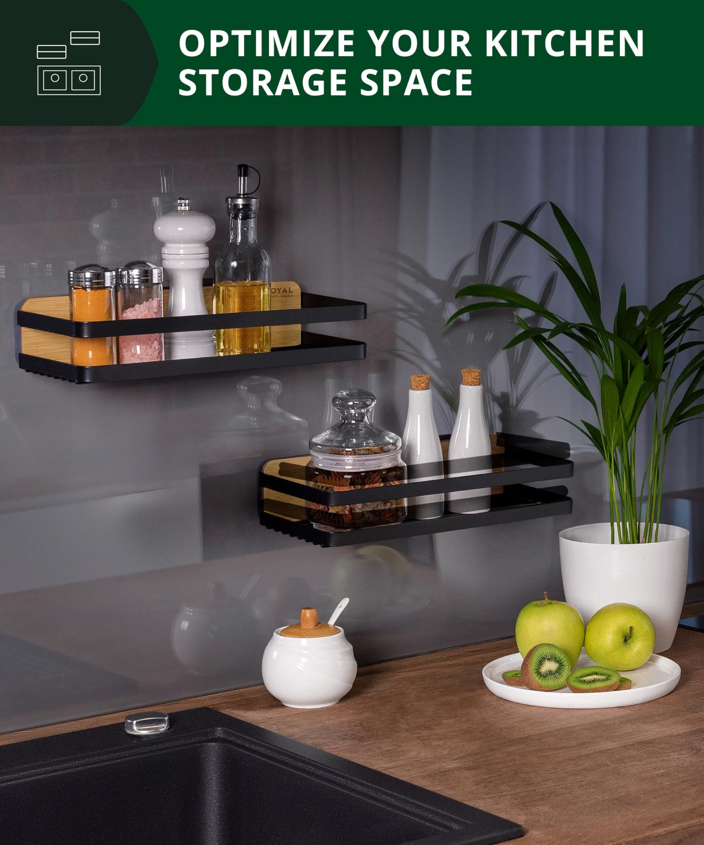 ROYAL CRAFT WOOD Shower Caddy Shelf 2-Pack - Adhesive, No-Drill, Rustproof Bathroom Organizer, Large Capacity Shower Shelves for Home & Bathroom Decor