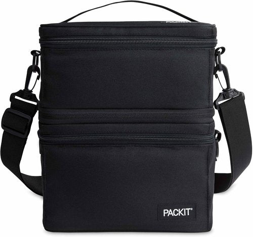 PackIt MOD 3-IN-1 Insulated Lunch Box - EcoFreeze Technology, Black, Removable Strap for Fresh Meals