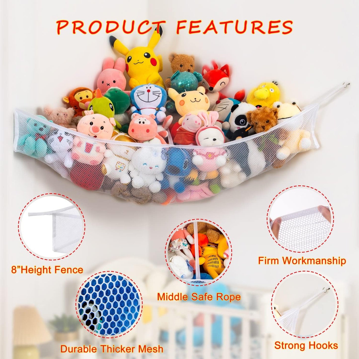 X-Large Stuffed Animal Net Hammock Corner (Requires 3’6” corner space) Toy Organizer for Plushies Hanging Holder for Organizing your Teddy and Squishmallow (White, X-Large)