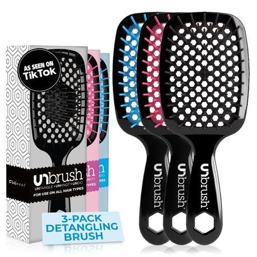 FHI Heat UNbrush Detangling Brush (3-Pack Bundle) — Hair Brush for All Wet/Dry Hair Types — Pain-Free Detangler Brush w/DuoFlex Anti Static Bristles — Lightweight Travel Hair Brush (Original Black)