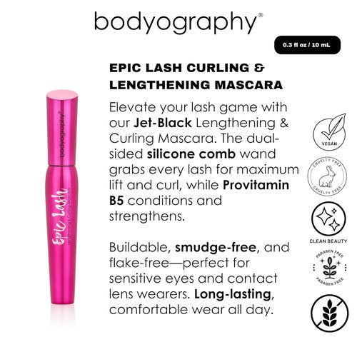 Bodyography Jet-Black Lengthening Mascara - Dual-Sided Silicone Comb for Volume & Lift | Smudge-Free, Buildable Formula