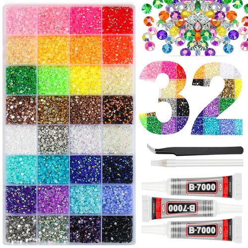 38000Pcs 32 Colors Resin Jelly Gems for Bedazzling, 3mm Flatback Rhinestones for Crafts, with 3 Bottles B7000 Glue for Clothes, Shoes, Nails, Jewelry Making