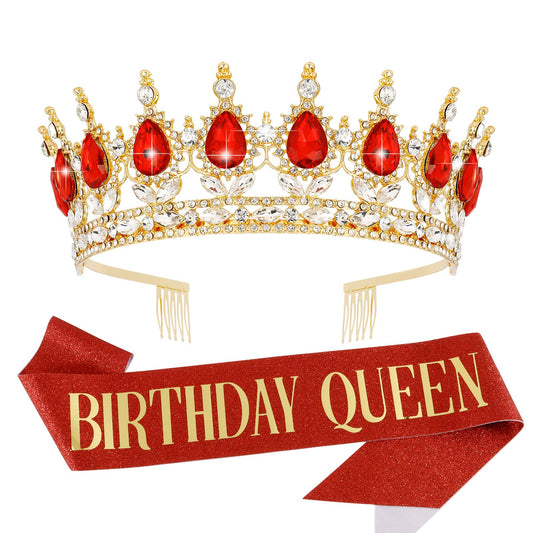 Vovii Birthday Crown & Sash Set for Women, Red Tiara & Birthday Queen Sash for Women Birthday Decorations, Happy Birthday Party Decorations for Birthday Crown Adult Woman