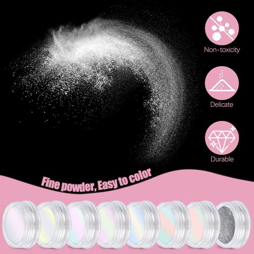 Artdone 8 Jars Chrome Nail Powder Magic White Pearl Kit Mirror Effect Silver Metallic Holographic Dip Nail Powder Decoration Iridescent Aurora Mermaid Pigment