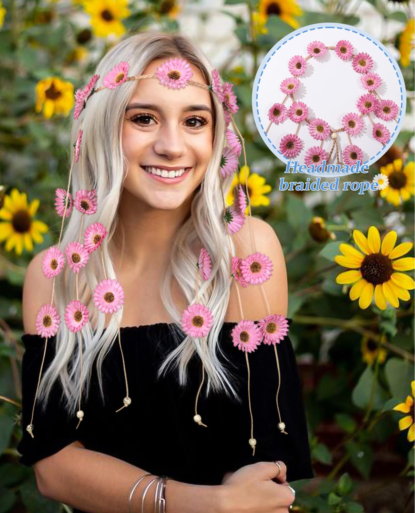 CHLINS Hippie Headband Flower Crown Bohemian Sunflower Headband Flower Headpiece Hippie Costume 60s 70s Outfits for Women (Pink)