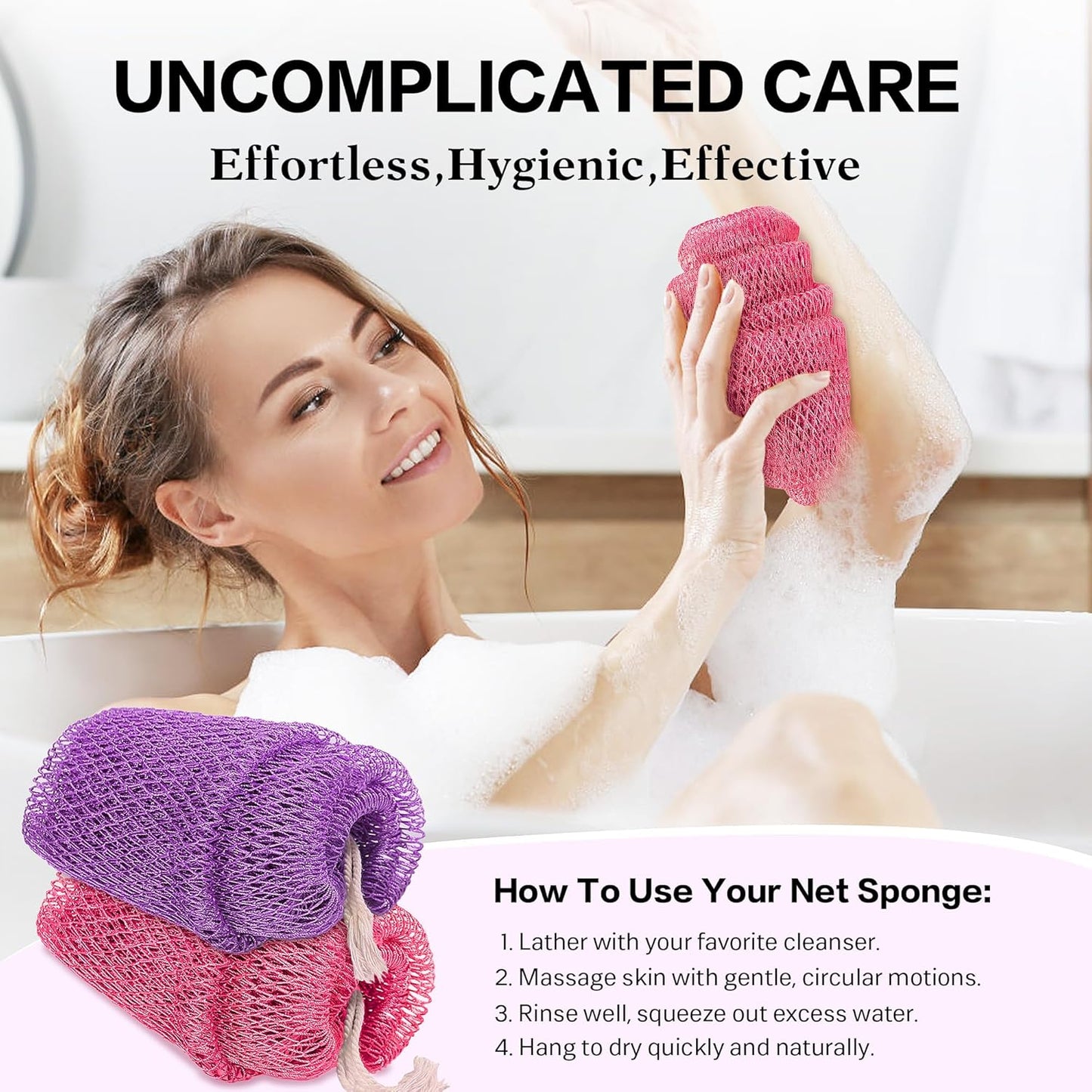 UJFQBH Exfoliating Body Scrubber - 2-Piece African Net Sponge Set for Deep Cleansing & Dead Skin Removal | Pink & Purple