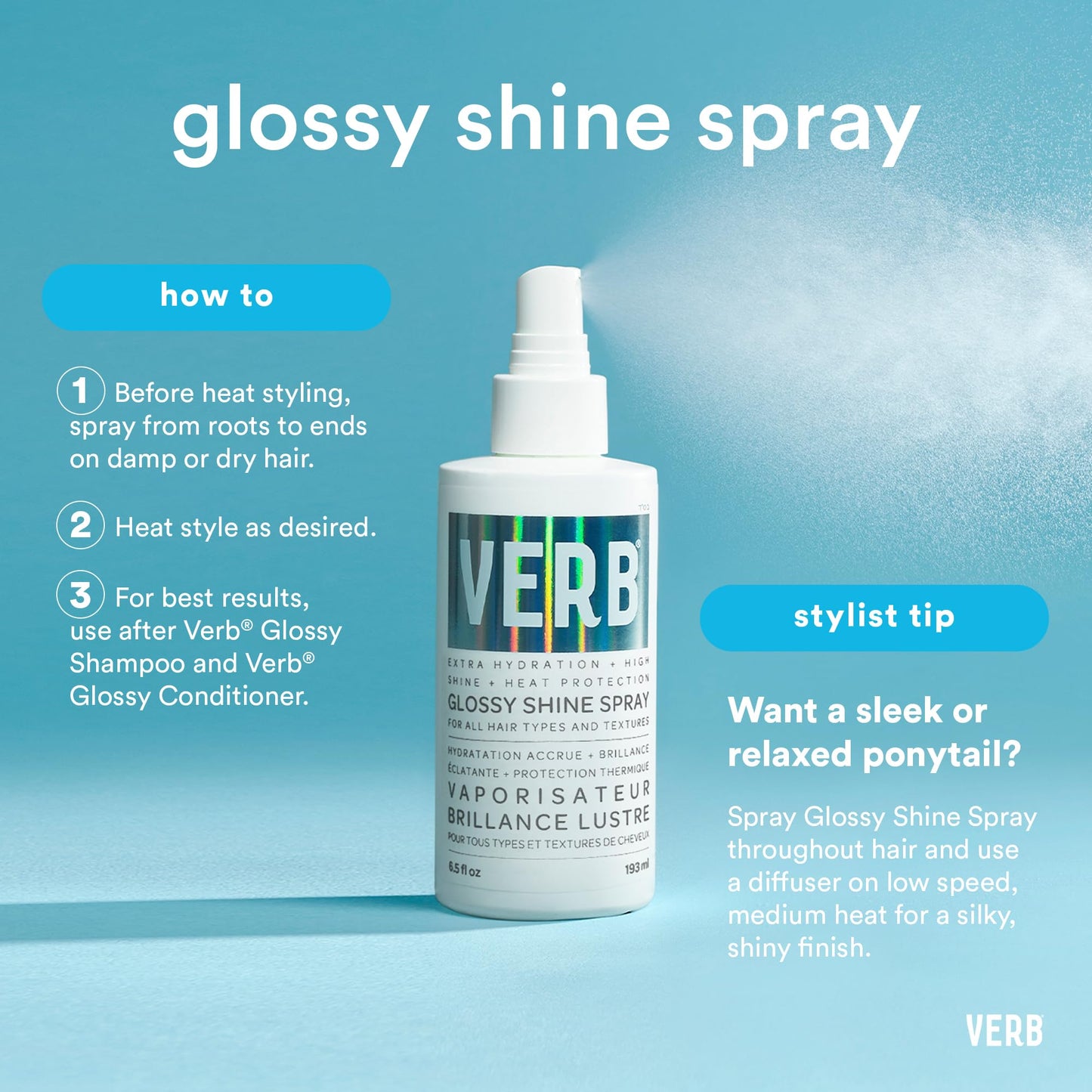 VERB Glossy Shine Spray, 6.5 fl oz - Moisturizing Heat Protection Hair Spray - Adds High Shine and Primes for Styling - Vegan, No Parabens or Harmful Sulfates