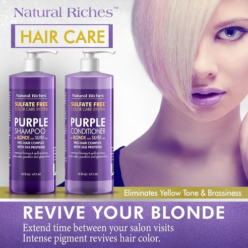 Natural Riches Purple Shampoo & Conditioner Set - Sulfate-Free, Color-Safe for Blonde, Silver & Gray Hair | 16 fl oz Each