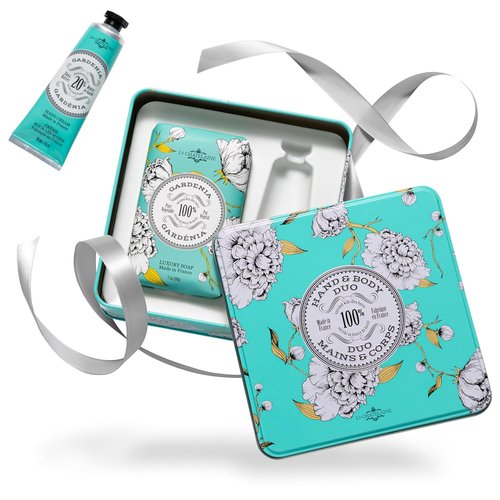 La Chatelaine Gardenia Soap & Shea Butter Hand Cream Gift Set - Natural & Organic | Decorative Tin (7 oz. Soap Bar, 1 oz. Hand Lotion)
