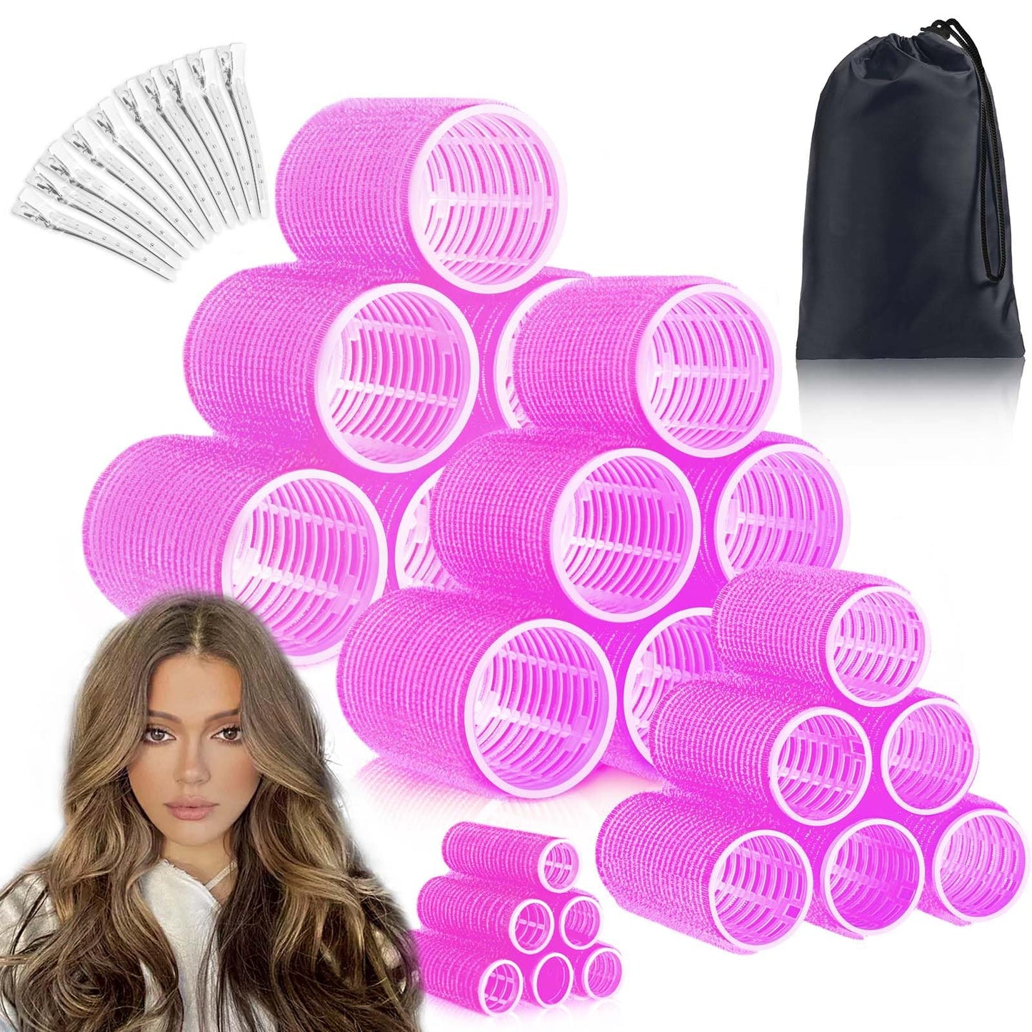 EHBELIF Jumbo Hair Rollers Set with Clips 34Pcs Rollers Hair Curlers Blowout Look Hair Roller (Rose Red)