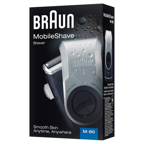 Braun MobileShave M-90 Travel Shaver - Precision Trimmer & Washable Design - Silver Finish