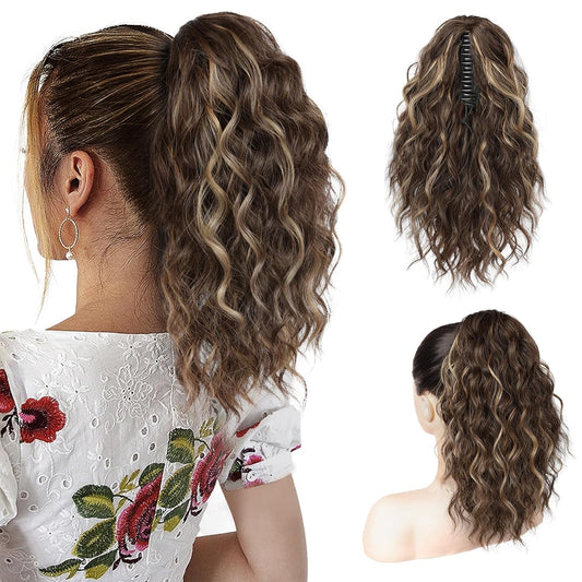 SEIKEA 14" Ponytail Extension Claw, PT002 Tia Long Multi Layered Fluffy Thick Wavy Curly Clip in Hair Extensions Ponytail Natural Soft Synthetic Hairpiece Dark Chestnut Brown with Golden Highlights