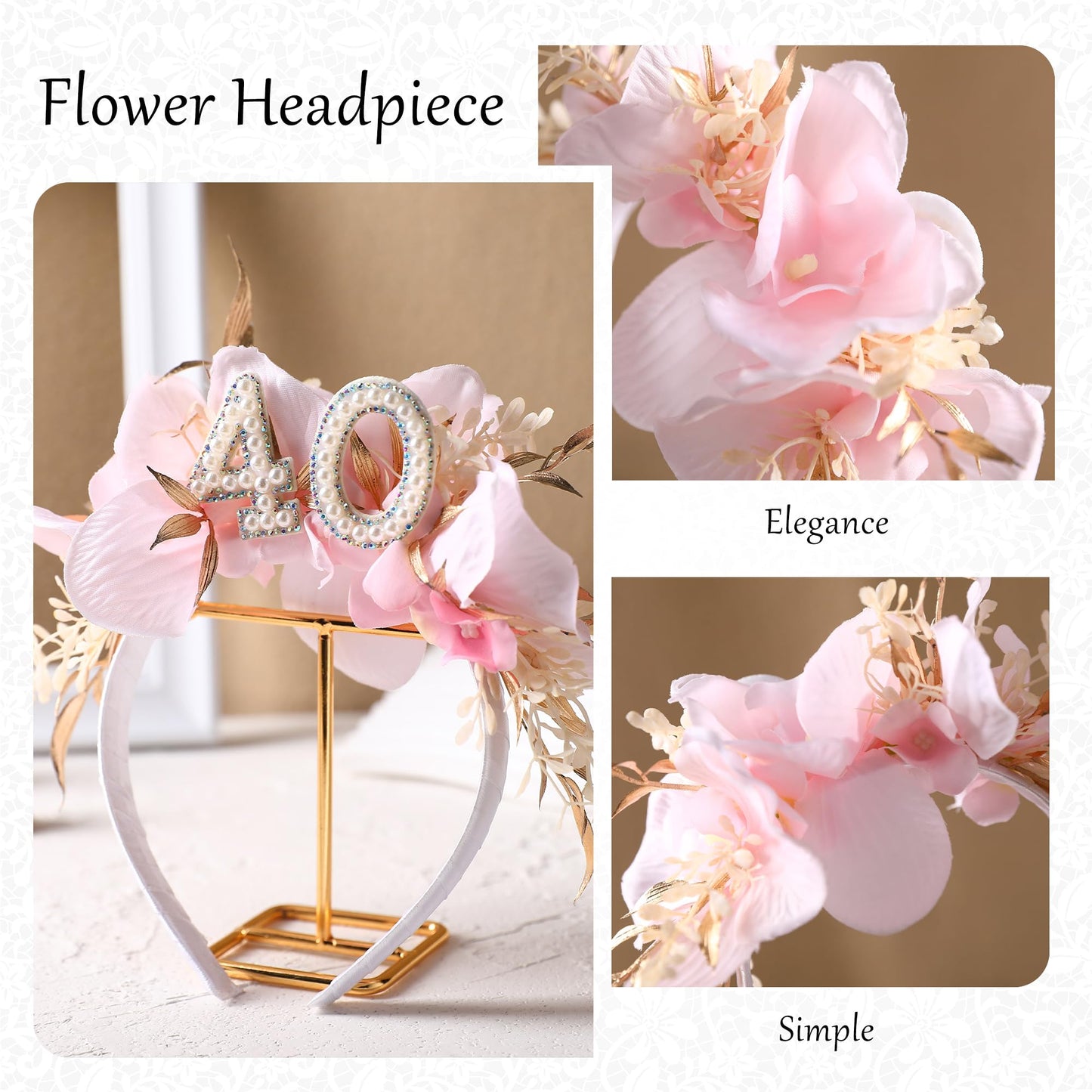 PartyforU Handmade Floral Crown - Pink Headband with Flowers and Pearls, Elegant 40th Birthday Accessory for Women