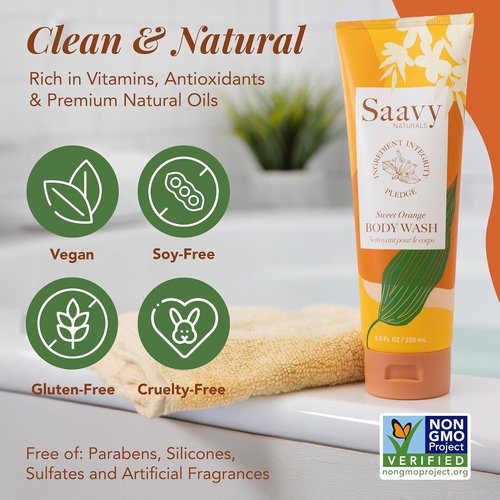 Saavy Naturals Moisturizing Body Wash for Sensitive Skin - Plant-Based with Coconut Oil & Aloe Vera | Sweet Orange, 8.5 fl oz (2 Pack)