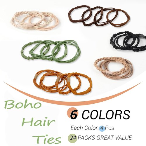 24 Pcs Boho Hair Ties for Women, Elastic Hair Ties No Damage, Hair Bands for Thin and Thick Hair, Black Brown Ponytail Holders for Girls, Cute Hair Tie Bracelet