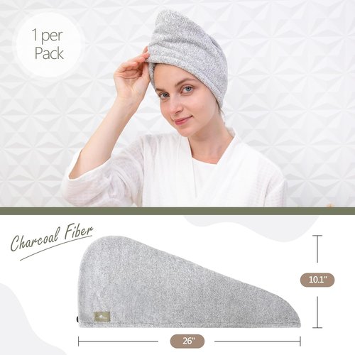 myHomeBody Hair Towel Wrap - Luxury Quick-Drying Turban, Ultra-Soft Charcoal Fiber Cap - Gray