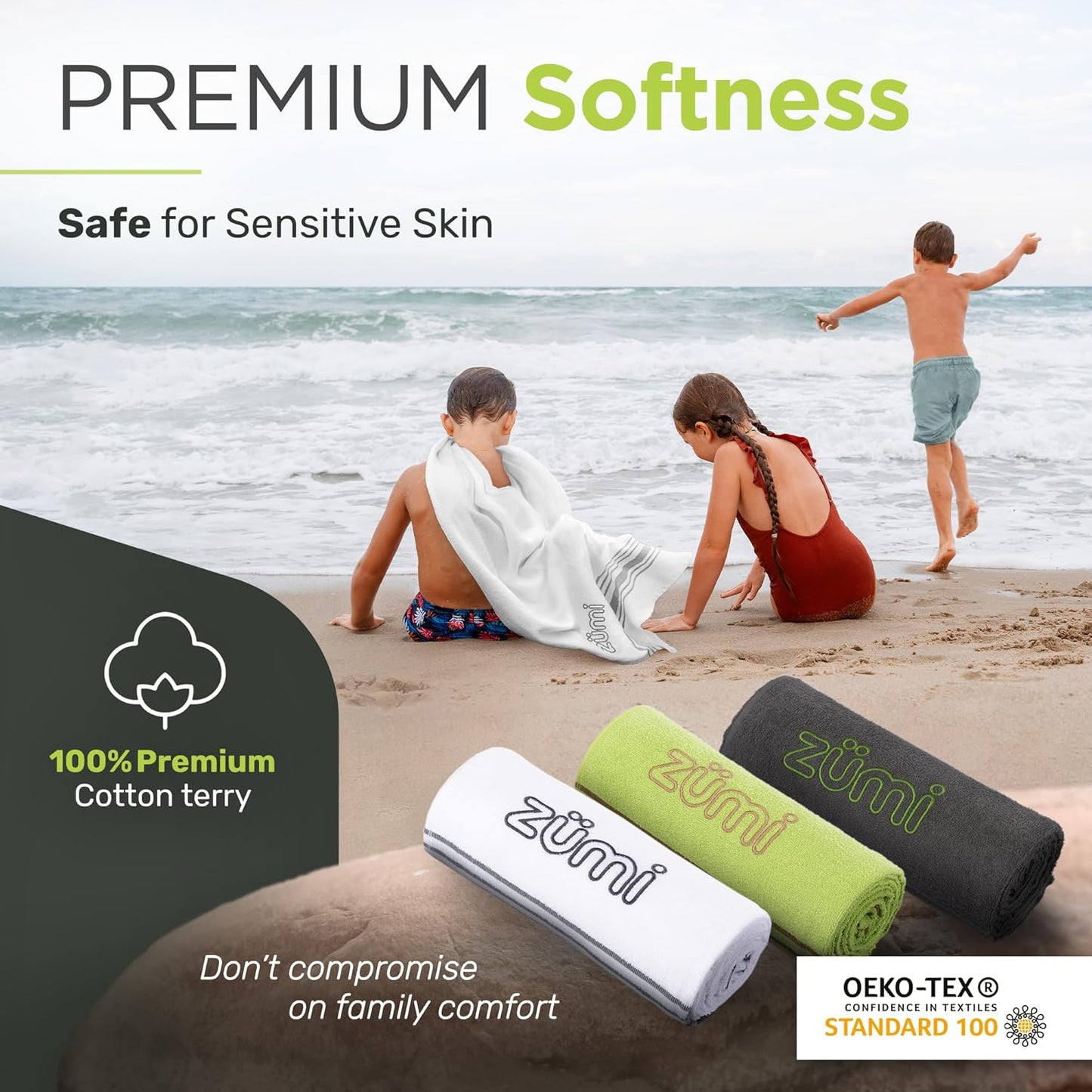 Zumi 100% Cotton Quick Dry Travel Towel - Soft, Compact & Highly Absorbent for Beach, Gym & More - Gray