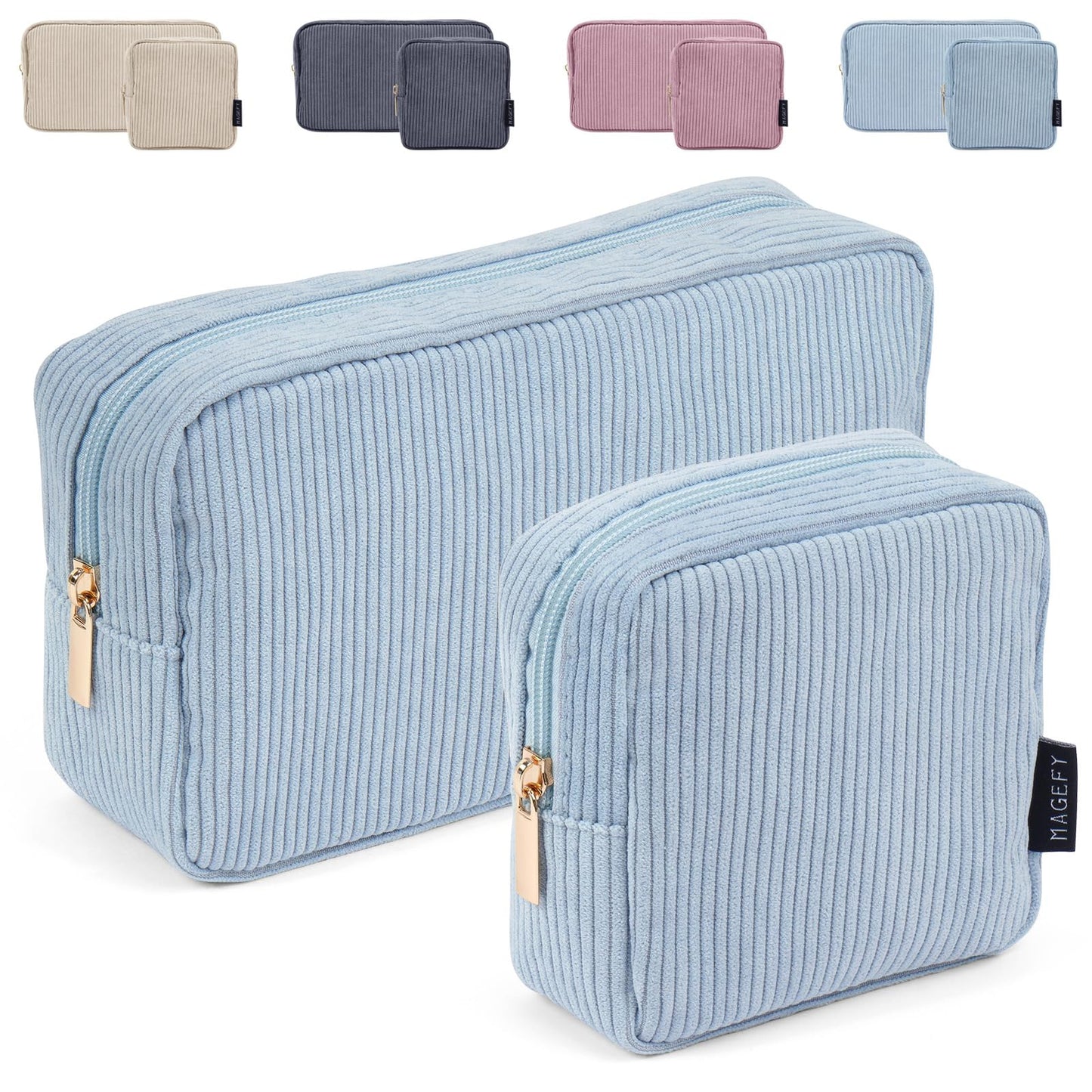MAGEFY Makeup Bag for Purse, 2 Pcs Corduroy Cosmetic Bag for Girls Women Small Travel Makeup Pouch with Zipper(Blue)