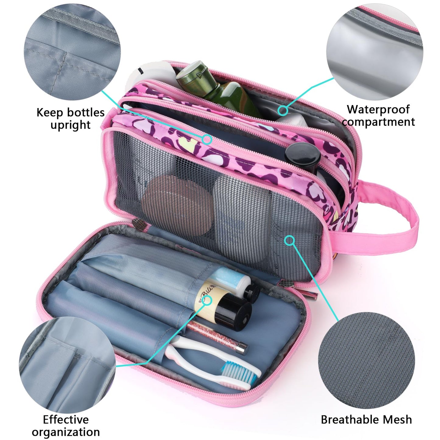 Vipdeal Cheetah Kids Toiletry Bag for Girls, Travel Toiletry Bag for Little Young Girls Cosmetic Bag Makeup Bag Waterproof Hanging Wash Bag Toddler Toiletries, Pink Leopard