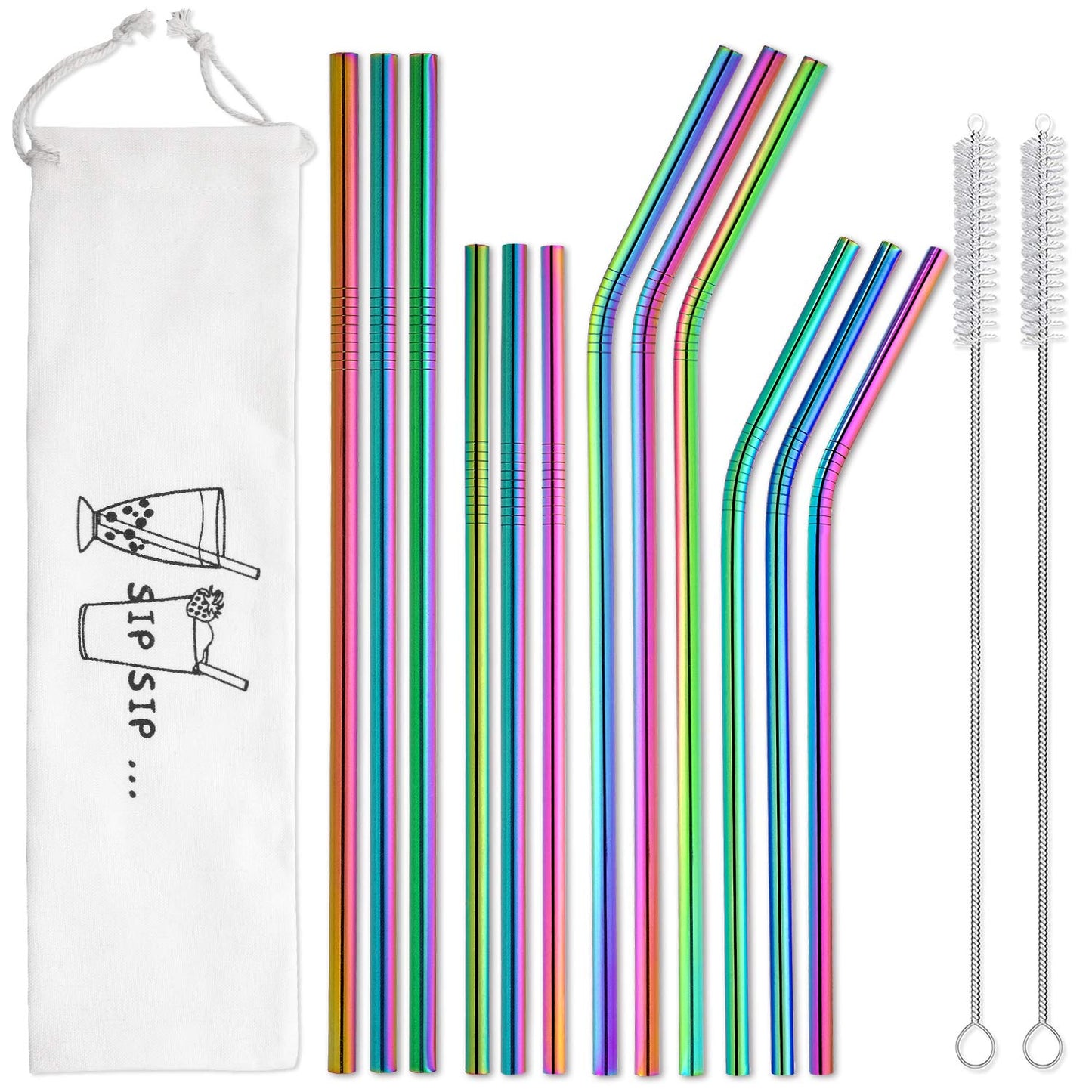 Hiware 12-Pack Black Stainless Steel Straws Reusable with Case - Metal Drinking Straws for 30oz and 20oz Tumblers Dishwasher Safe, 2 Cleaning Brushes Included