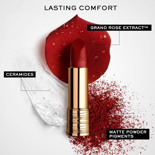 Lancôme L’Absolu Rouge Drama Matte Lipstick - Ultra Matte Finish, 8HR Full Coverage, Moisturizing Formula with Ceramides & Rose Extracts