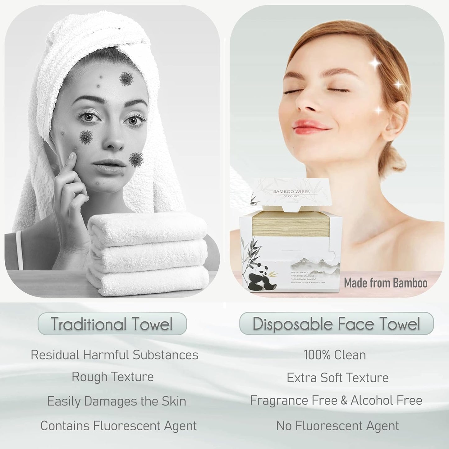WOWOTEX Bamboo Rayon Disposable Face Towels - Biodegradable, Extra Thick, 60 Count for Sensitive Skin | Makeup Removal & Cleansing