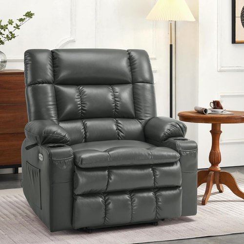 MCombo Dual Motor Power Lift Recliner Chair - Lay Flat Design with Heat & Massage | Extra Wide Faux Leather (Grey, Medium-Wide)