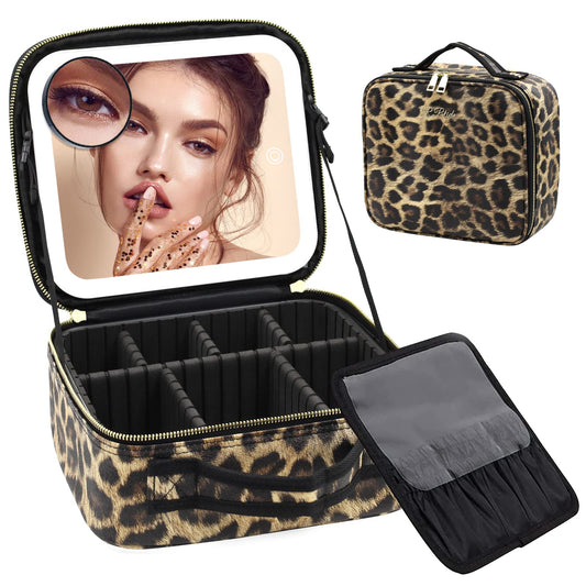 RRtide Makeup Bag with Light up Mirror, Travel Makeup Case with Mirror and Lights, Lighted Cosmetic Train Case with 3 Color Settings, Make up Organizer Bag with Adjustable Dividers Brush Board