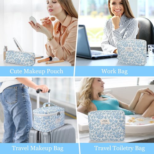 3PC Makeup Bag Set, Quilted Makeup Bag, Large Floral Cosmetic Bag for Women, Cute Cotton Makeup Bags, Flower Travel Toiletry Organizer Bag (Pink Flower)