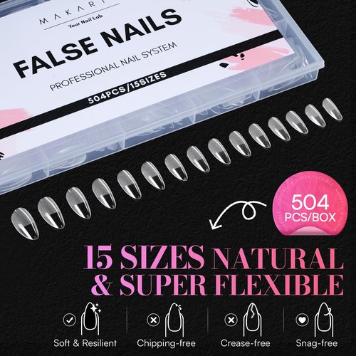 Makartt Medium Almond Nail Tips: 504 PCS Pre-Etched Clear False Nails Tips Almond Shapes, 15 Sizes Full Cover Half Matte Soft Acrylic Press On Nail Extensions Supplies Salon and DIY at Home
