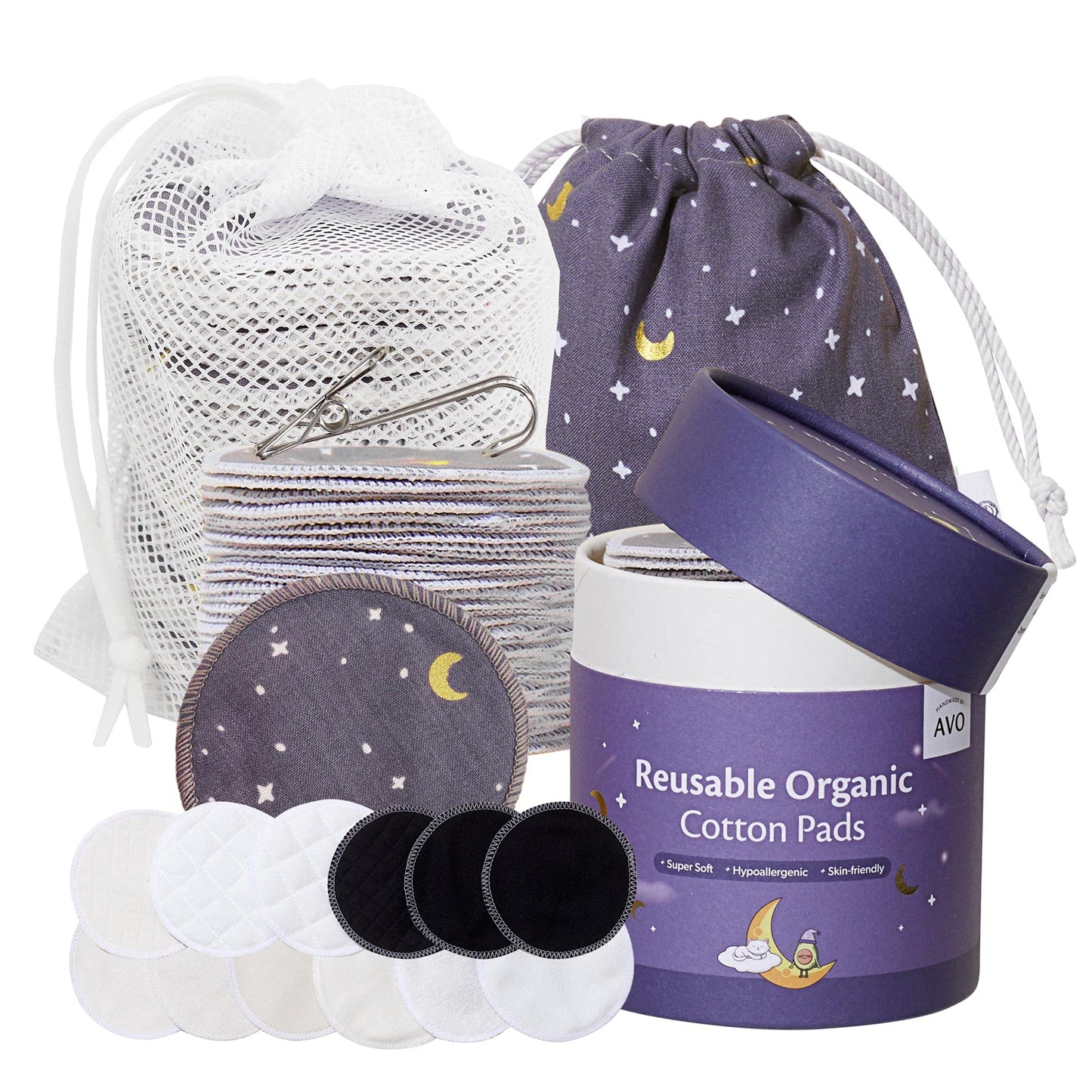 Handmade by AVO - Reusable Pads, Makeup Remover, Organic Cotton Rounds, Pads Facial Rounds Fabric Pouch Laundry Bag (Moon&Star Set)