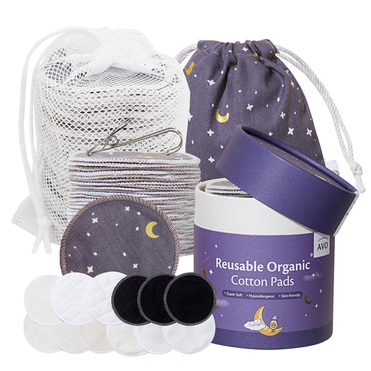 Handmade by AVO - Reusable Pads, Makeup Remover, Organic Cotton Rounds, Pads Facial Rounds Fabric Pouch Laundry Bag (Moon&Star Set)