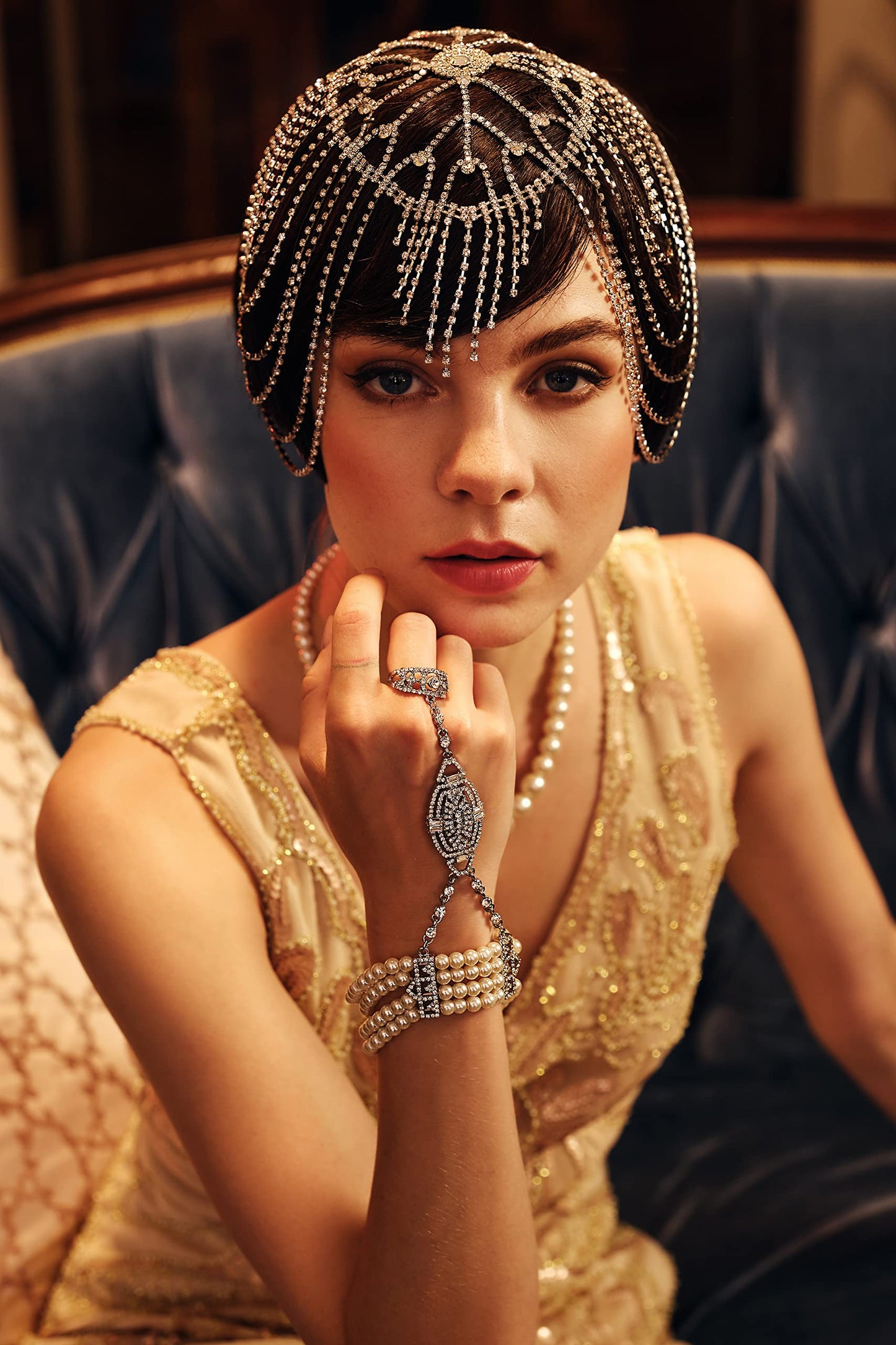 BABEYOND Vintage Style Roaring 20s Crystal Rhinestone Flapper Cap Headpiece Head Jewelry Chains