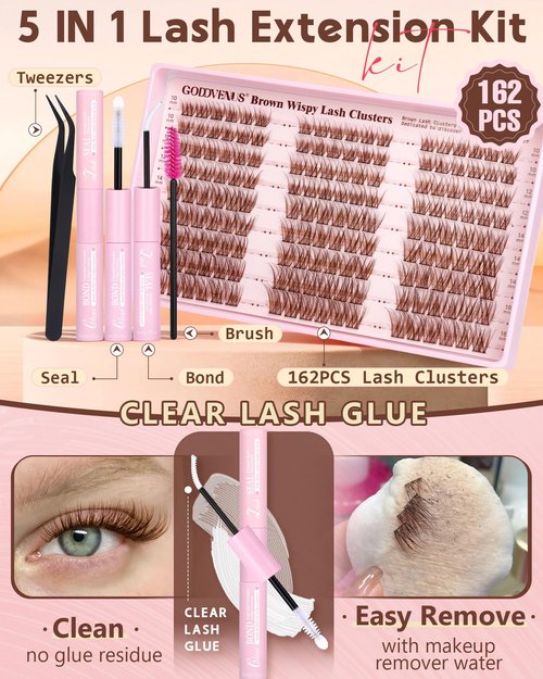 Goddvenus Brown Wispy Lash Clusters Kit Natural Cluster Eyelash Extensions Kit False Eyelashes Clusters Fluffy DIY Individual Lash Extensions Kit C Curl