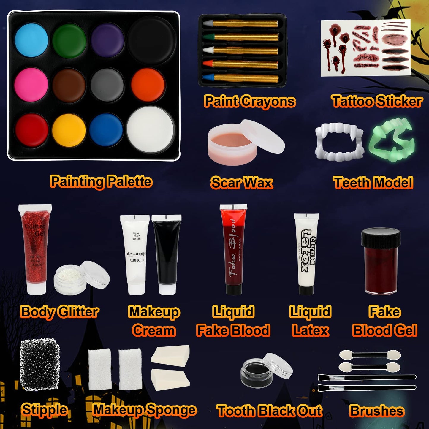 Halloween Makeup - Halloween Family Face Painting Kit Face Body Paint for Adult and Kids, All in 1 Halloween Makeup Set Face Paint with Fake Blood for Halloween Party Supplies