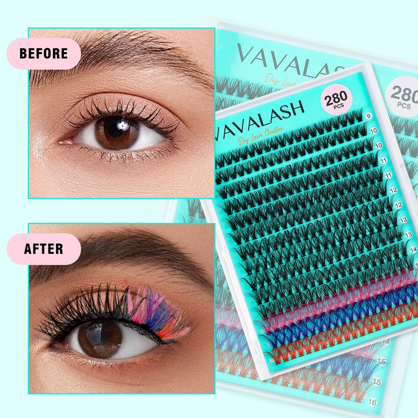 VAVALASH DIY Lash Extensions 280 PCS 30D Colored Individual Cluster Lashes D Curl Lash Clusters Faux Mink Slik Wispy False Lashes Easy Full Lash Extension DIY at Home (30D-0.07-D-9-16Mix Color)