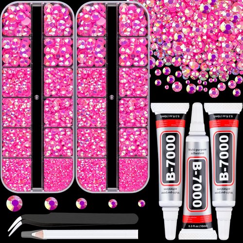 Resin Rhinestones for Crafting with 3Pcs 10ml B7000 Jewelry Glue, 2 Boxes Hot Pink AB Flatback Gems Crystals Diamond for Bedazzling Crafts DIY Nail Art Makeup,Gems for Clothing Tumblers Shoes