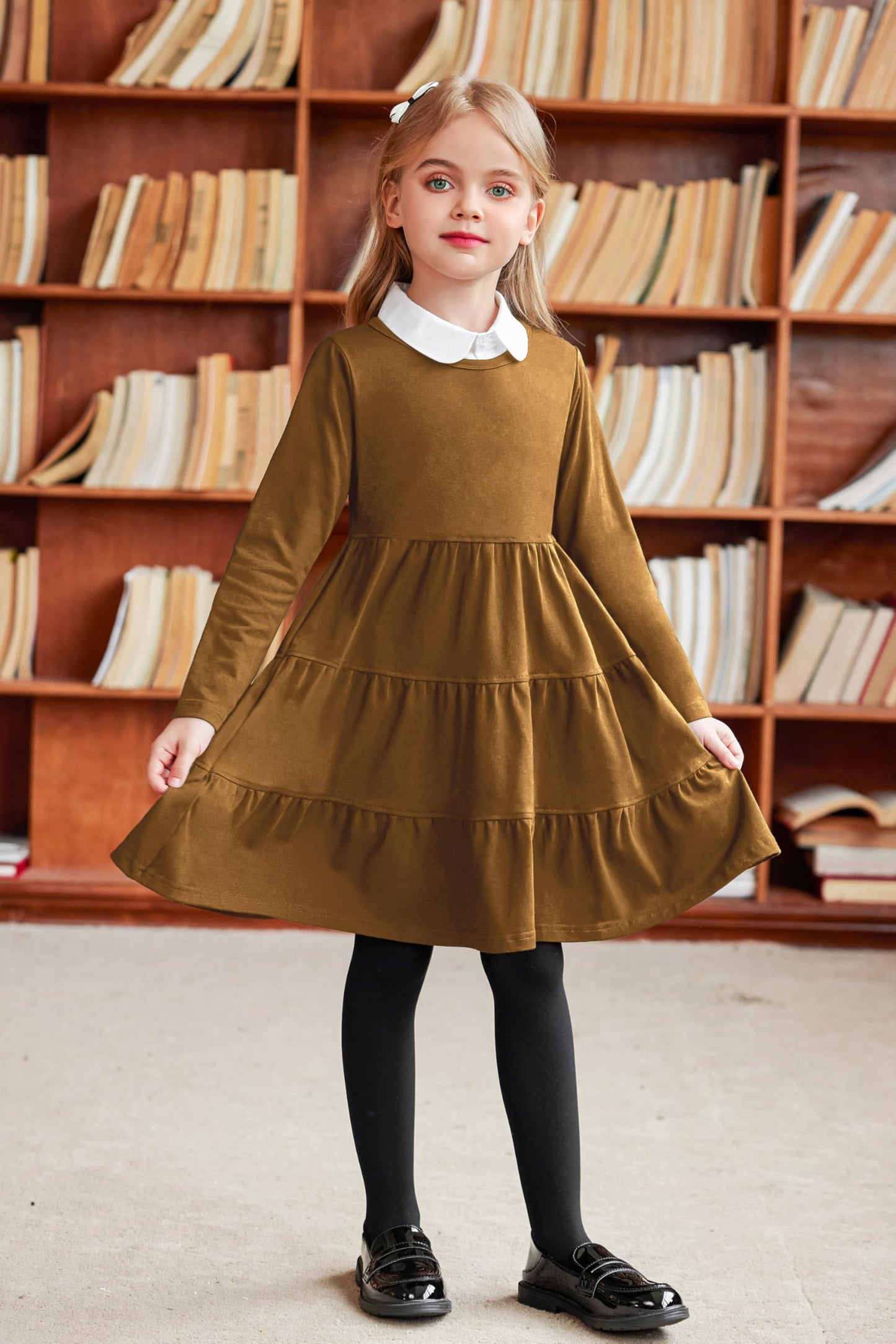 Arshiner Girls Long Sleeve Dress Fall Cotton Crewneck Tiered Ruffle Swing Solid Casual Midi Dresses Brown 6 Years