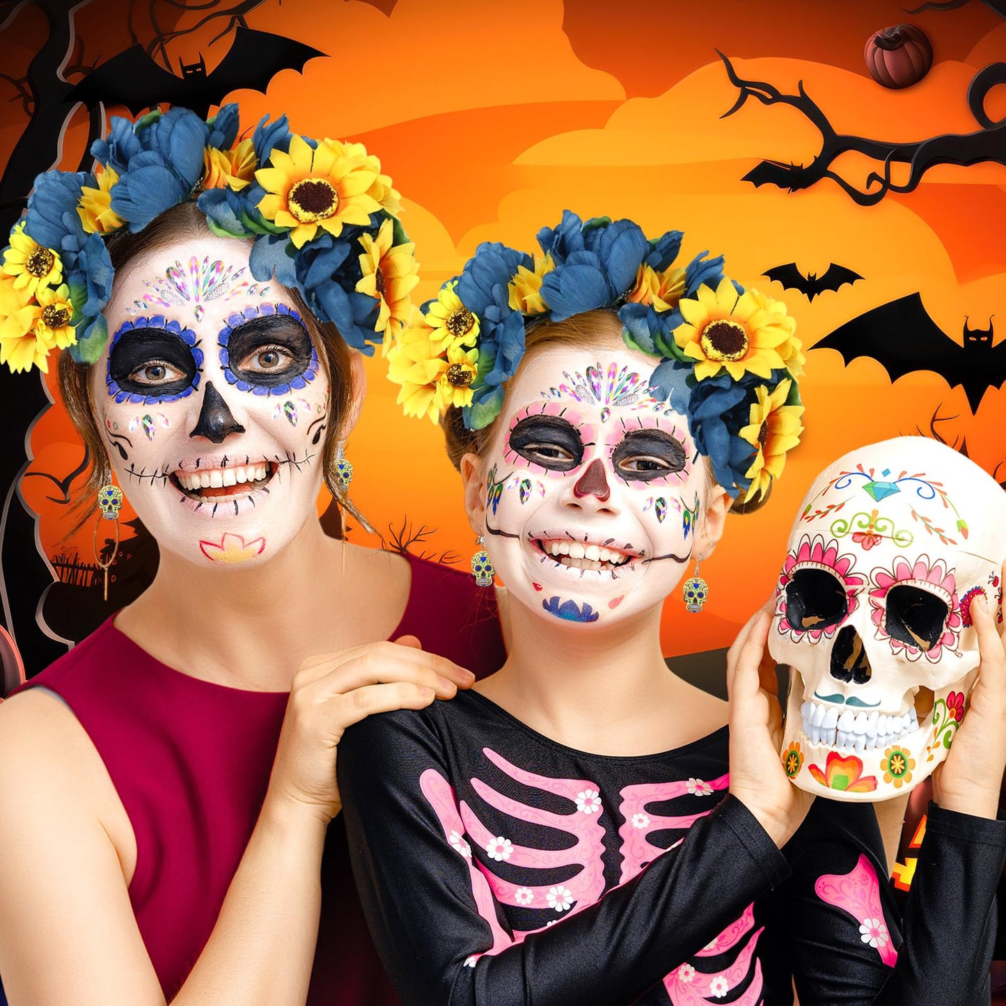 Riceshoot 3 Pcs Day of the Dead Costumes Accessories for Women Halloween Headbands Skull Earrings Gems(Yellow and Blue Hue)