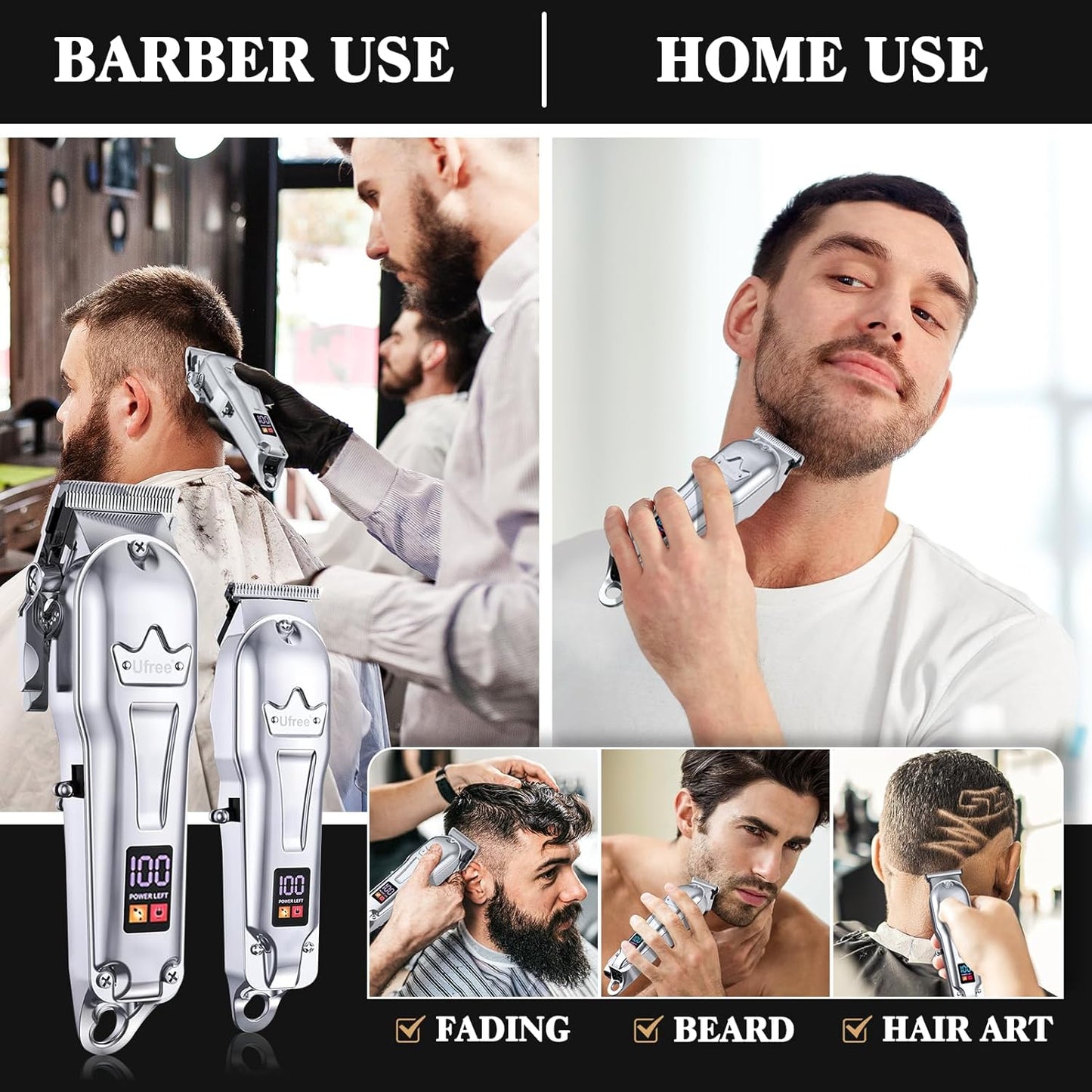 Ufree Hair Clippers for Men - Professional Cordless Barber Trimmer Set with LED Display | Silver Hair Cutting Kit