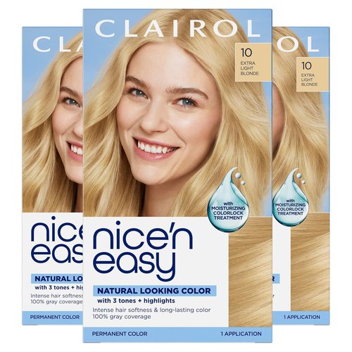 Clairol Nice'n Easy Permanent Hair Dye - 10 Extra Light Blonde Color, Pack of 3 | Long-Lasting Results