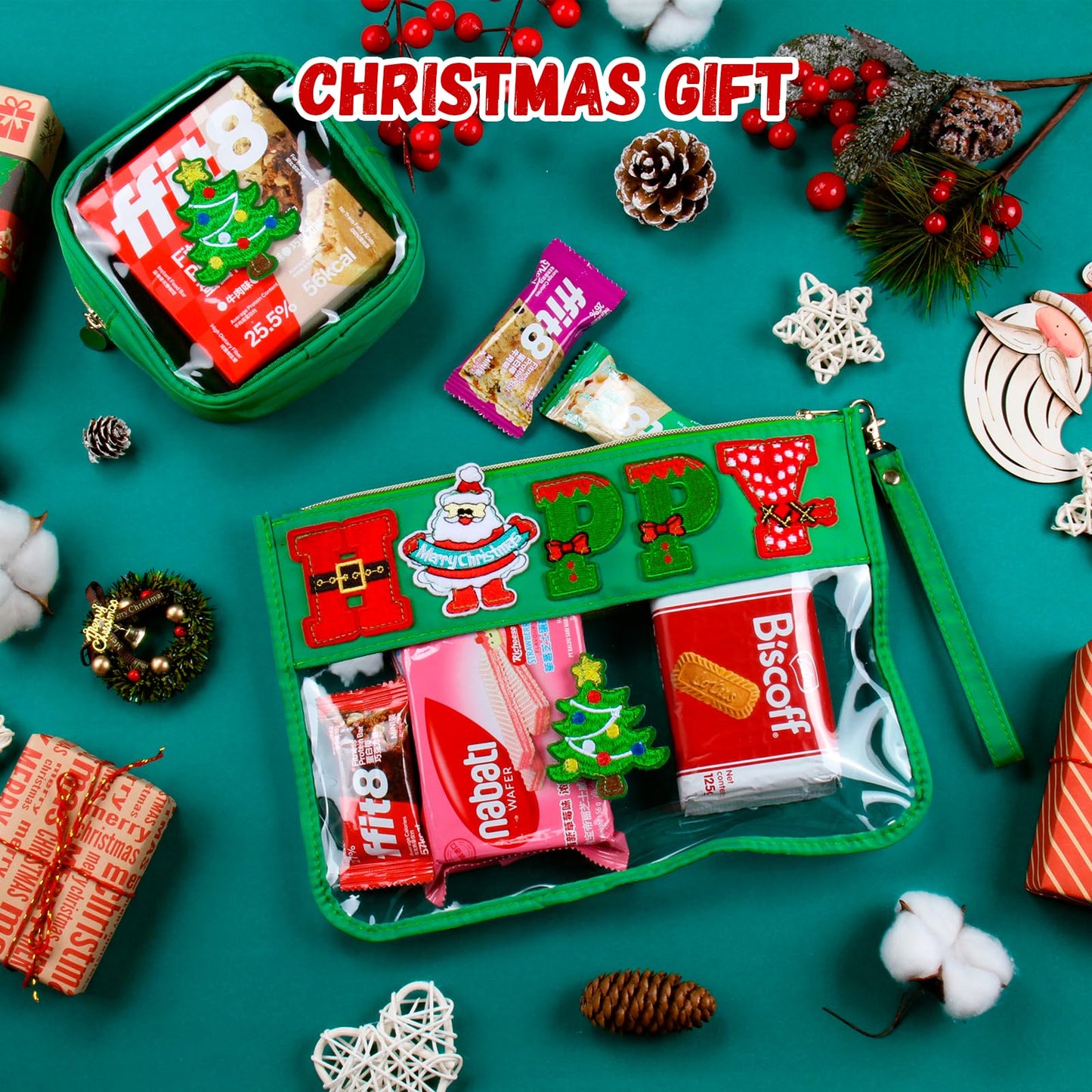 BuyCard 2 Pcs Christmas Gifts Cosmetic Makeup Bag with Chenille Letter Patch, Clear Pouch PVC Organizer Purse, Waterproof Travel Bag, Happy Santa Toiletry Storage Bag for Her Girls Friends Women